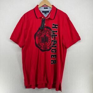 TOMMY HILFIGER Shirt Men XL Polo New York City Short Sleeve Pique Cotton Red NEW